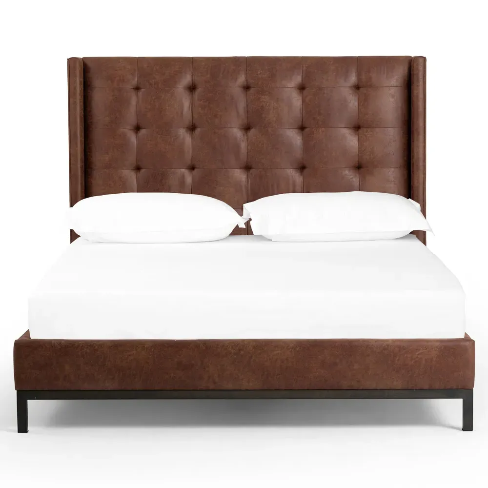 Nyla Queen Size Tufted Platform Bed - Brown, Leather