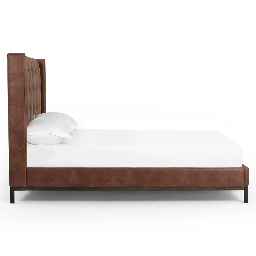 Nyla Queen Size Tufted Platform Bed - Brown, Leather