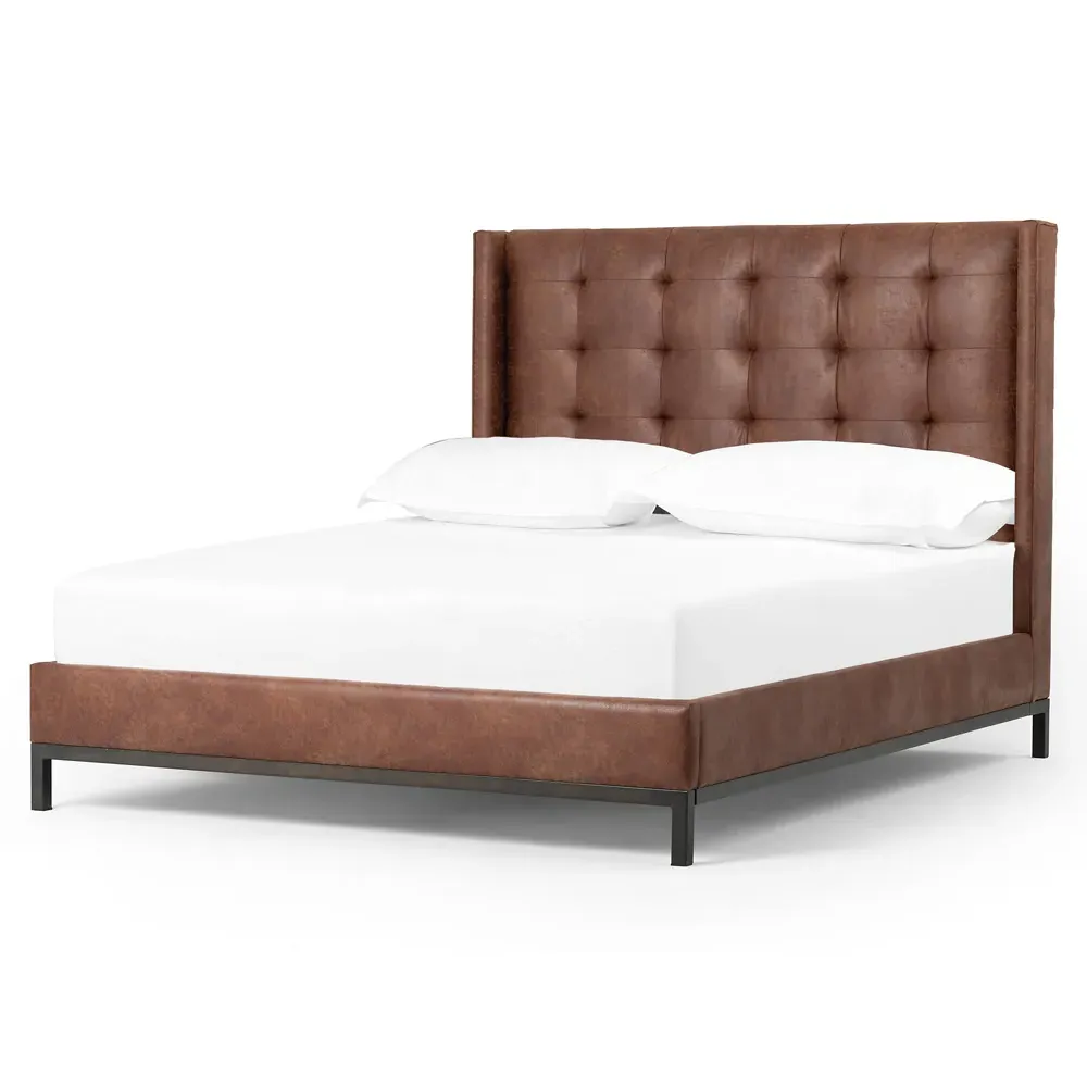 Nyla Queen Size Tufted Platform Bed - Brown, Leather