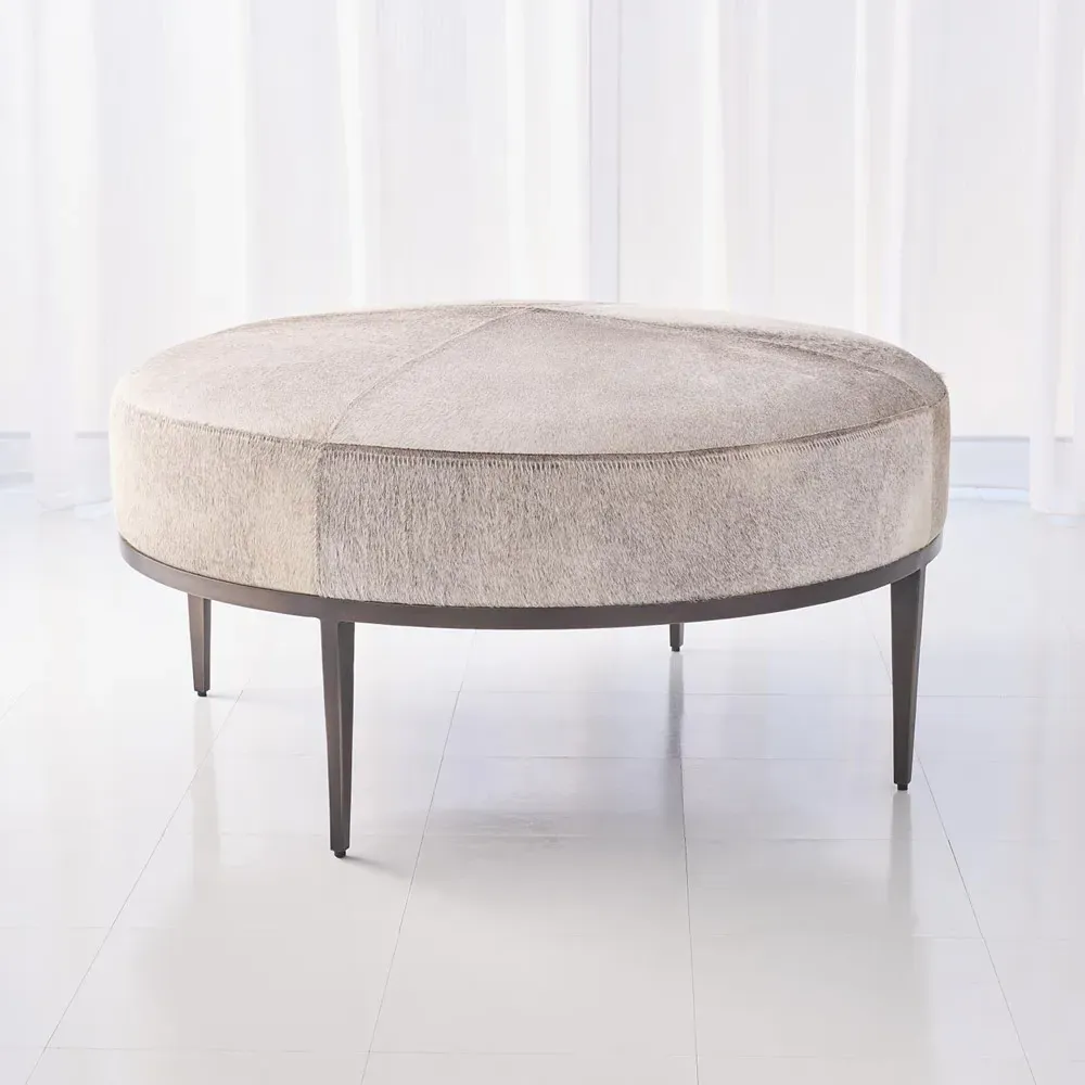 Odette Round Cocktail Ottoman - Grey, Hair-on-Hide