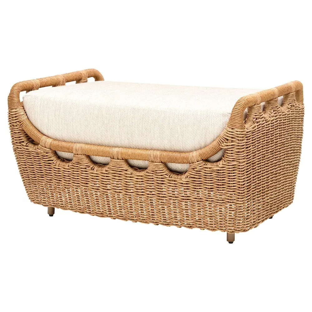 Olara Rectangular Woven Wicker Outdoor Ottoman - Cream, Sunbrella