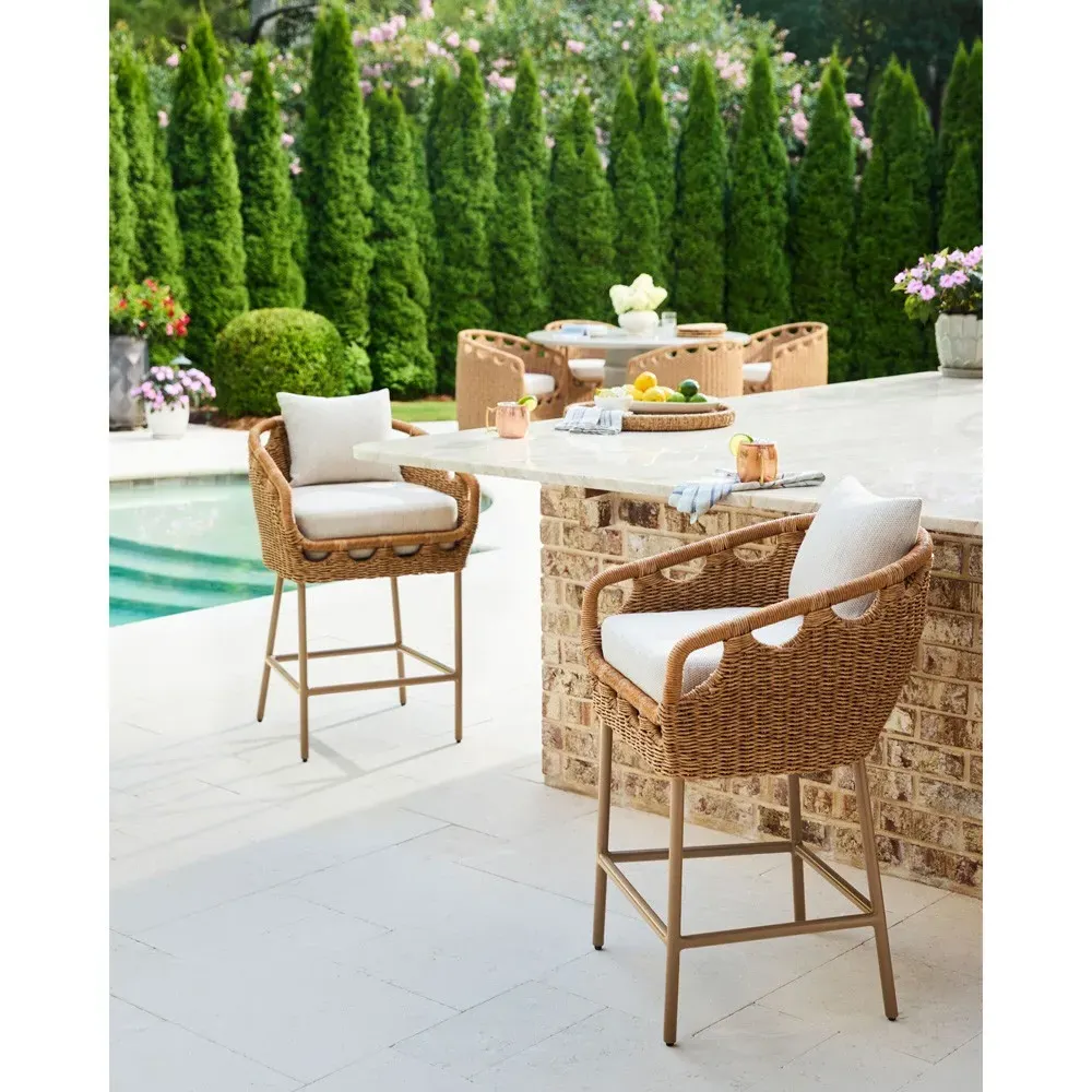 Olara Woven Wicker Outdoor Bar Stool - Cream, Sunbrella