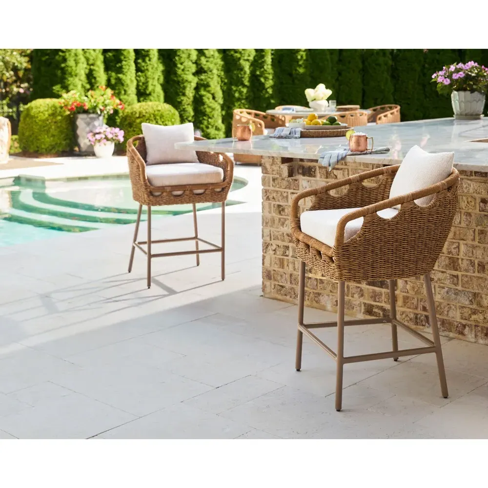 Olara Woven Wicker Outdoor Bar Stool - Cream, Sunbrella