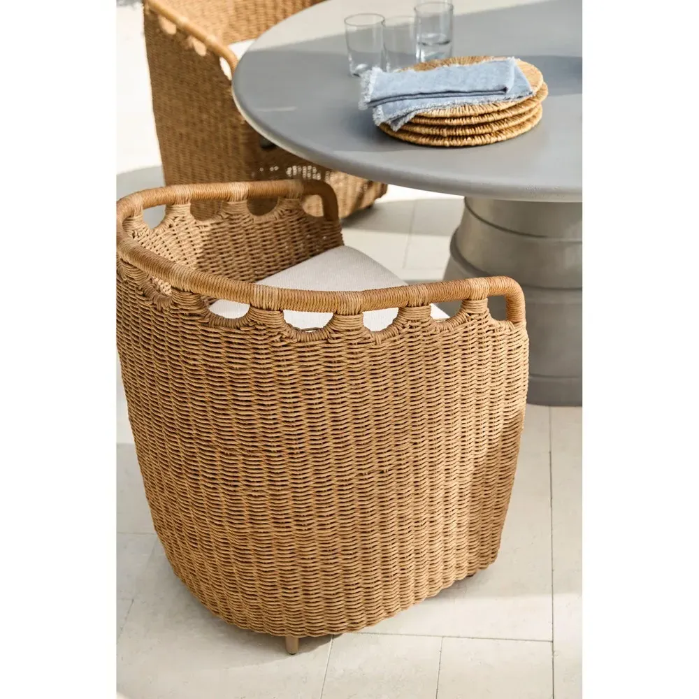 Olara Woven Wicker Outdoor Dining Arm Chair - Cream, Sunbrella