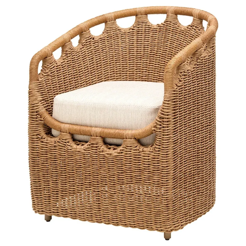 Olara Woven Wicker Outdoor Dining Arm Chair - Cream, Sunbrella