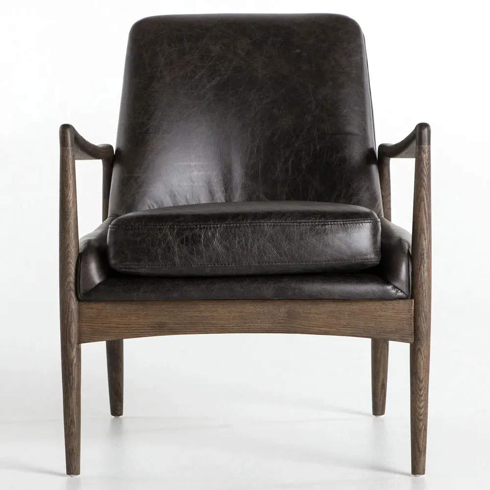Olena Mid Century Arm Chair - Black, Leather