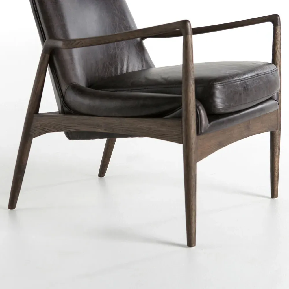 Olena Mid Century Arm Chair - Black, Leather