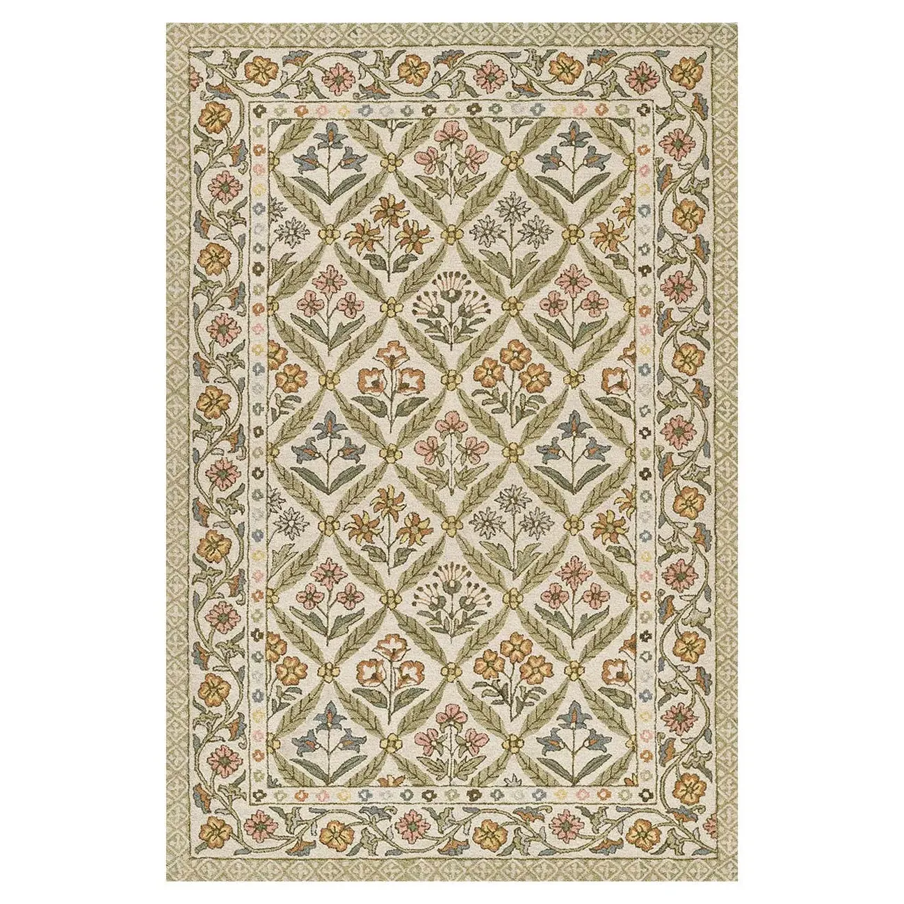 Olivia Floral Patterned Rug - Green, Wool
