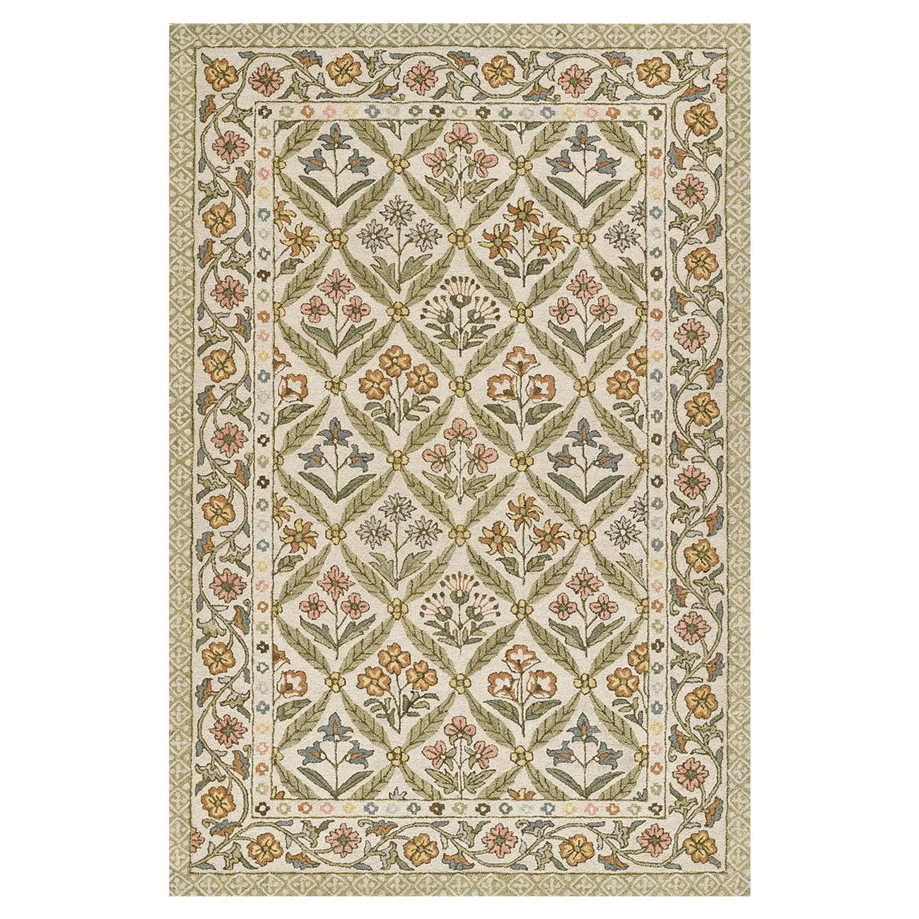 Olivia Floral Patterned Rug - Green, Wool