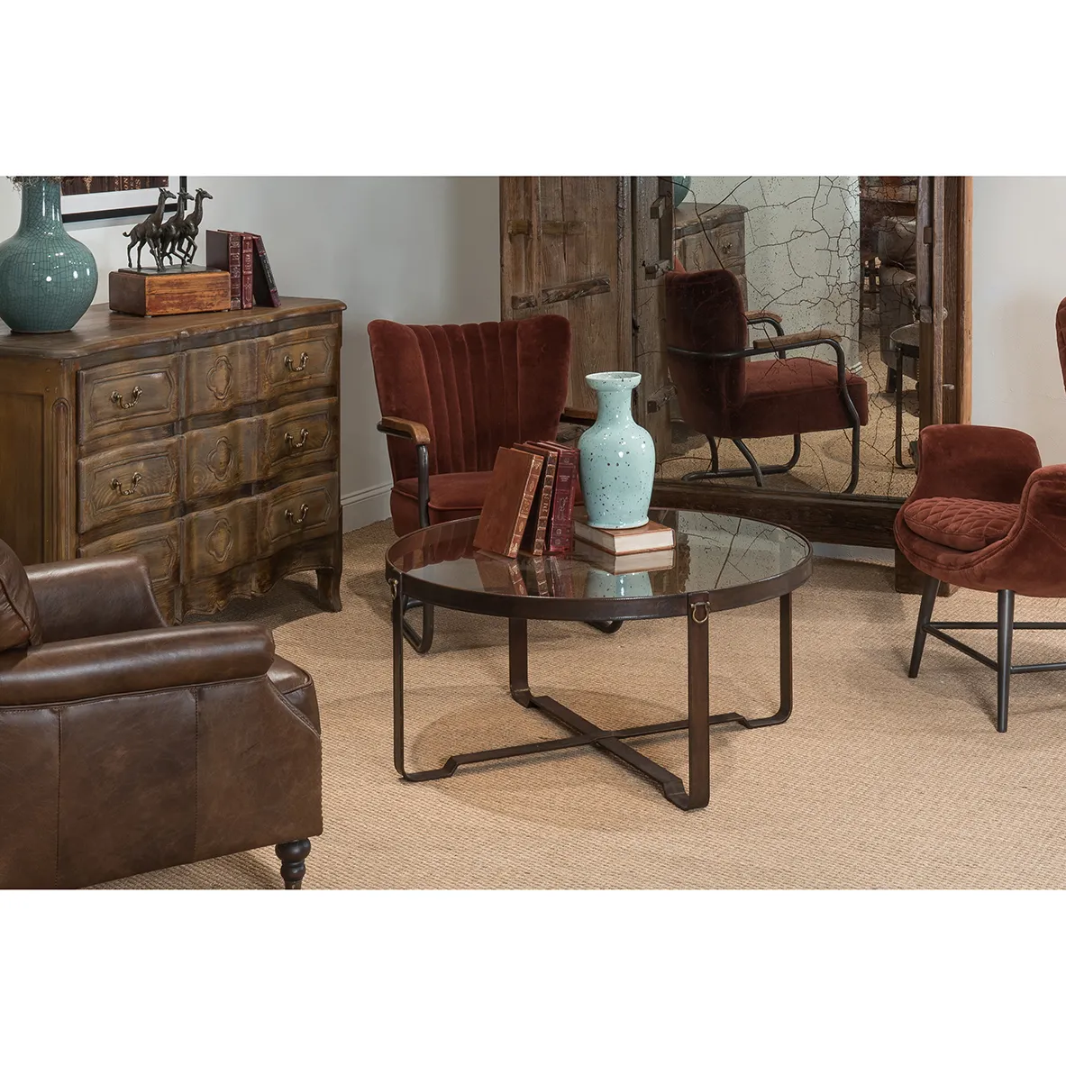 Olympus Round Coffee Table - Brown, Leather