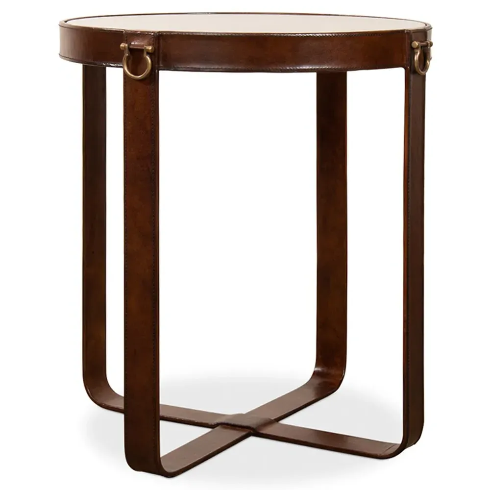 Olympus Round Side Table - Brown, Leather