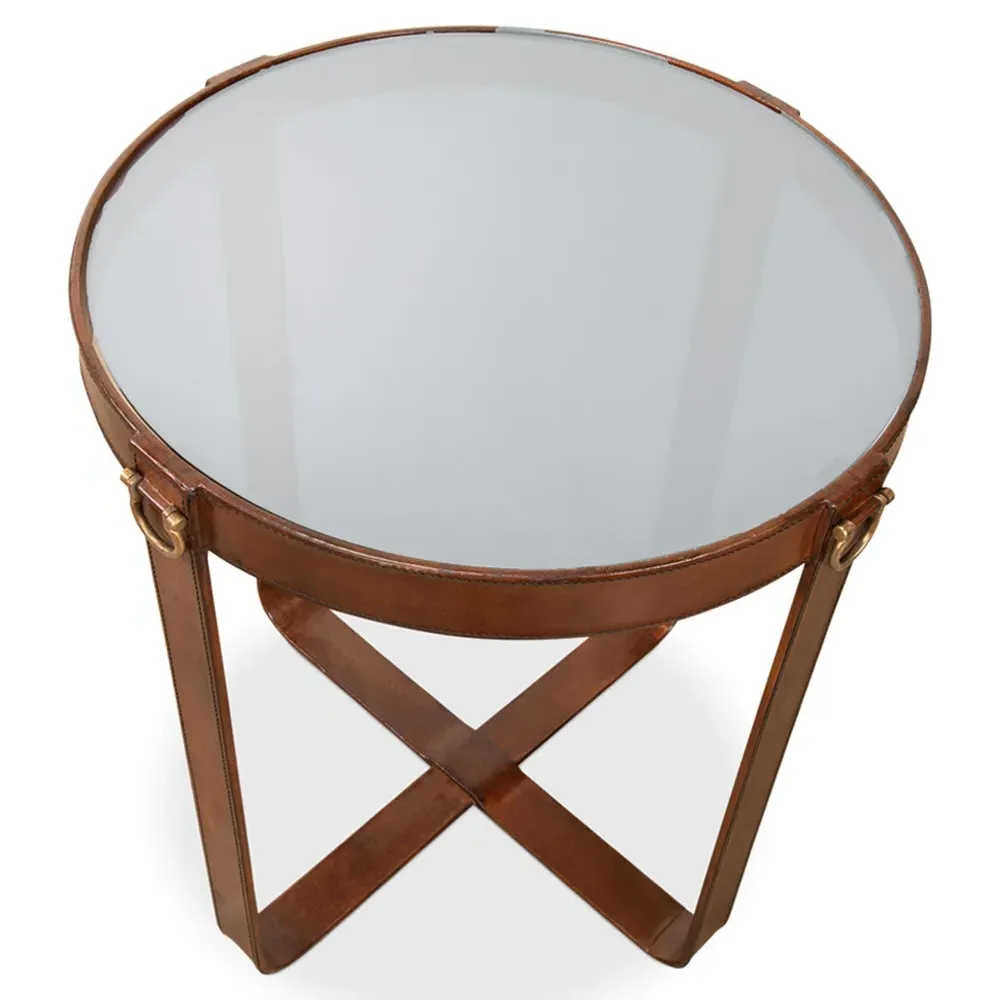 Olympus Round Side Table - Brown, Leather