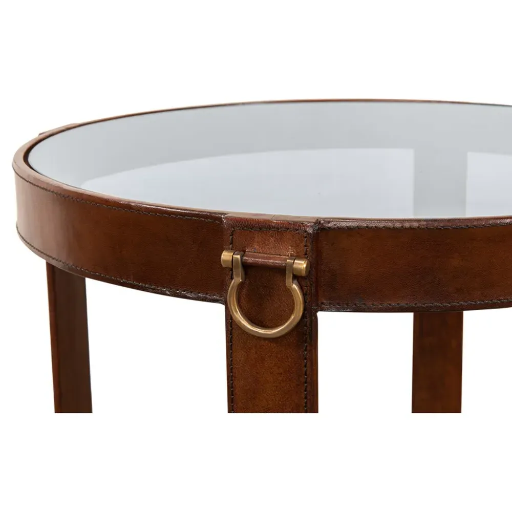 Olympus Round Side Table - Brown, Leather