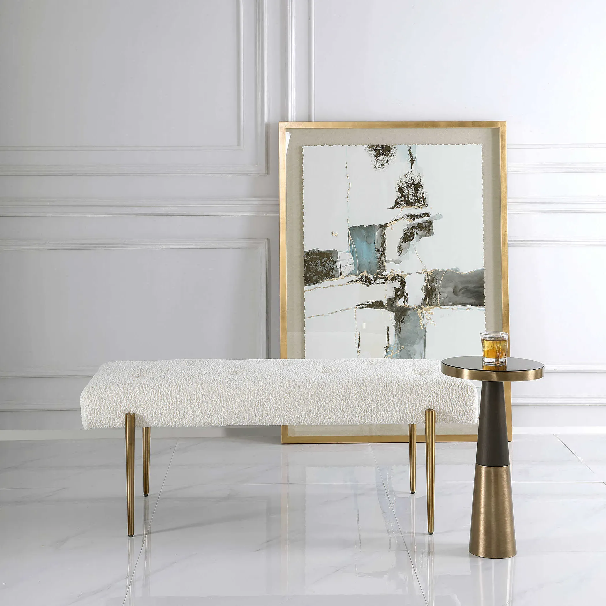 Orion Tufted Bench - White, Faux Shearling