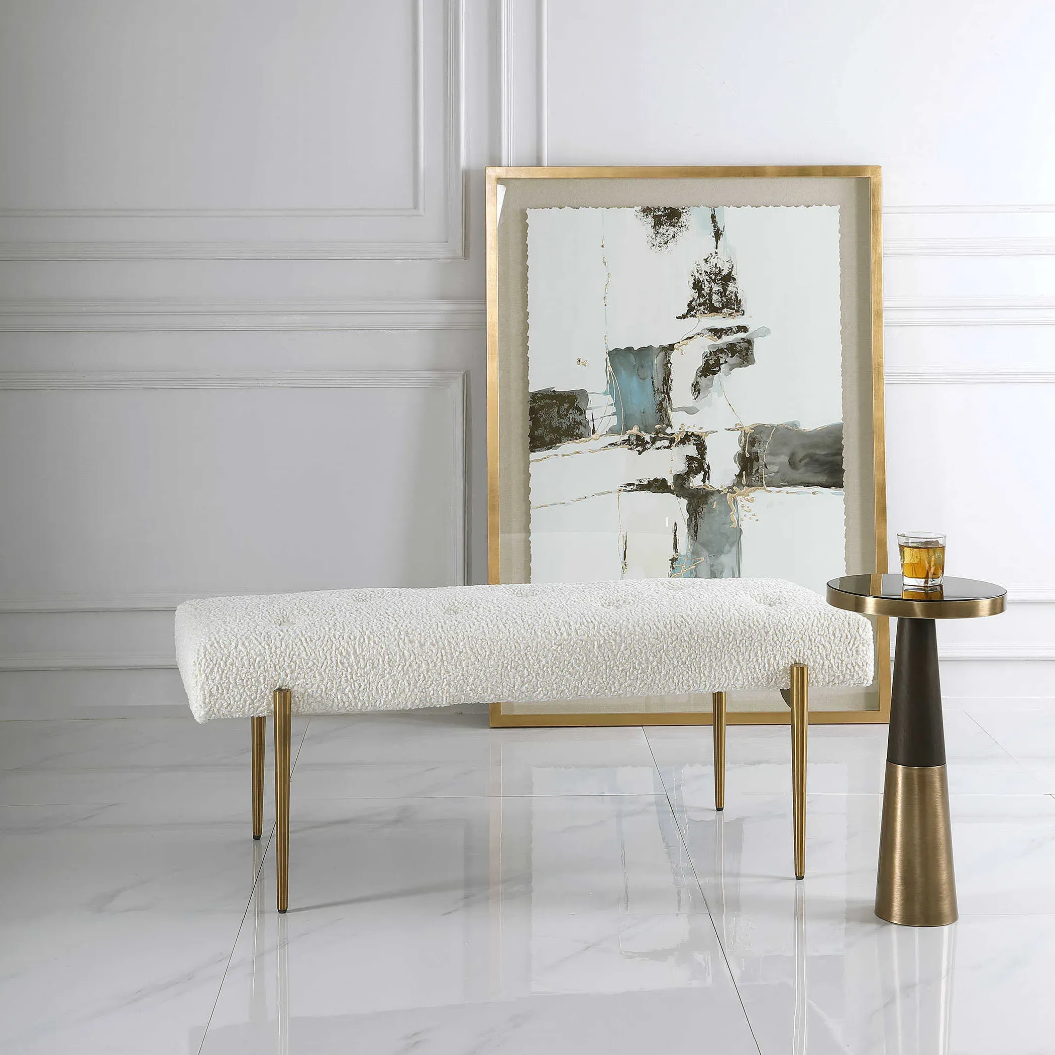 Orion Tufted Bench - White, Faux Shearling