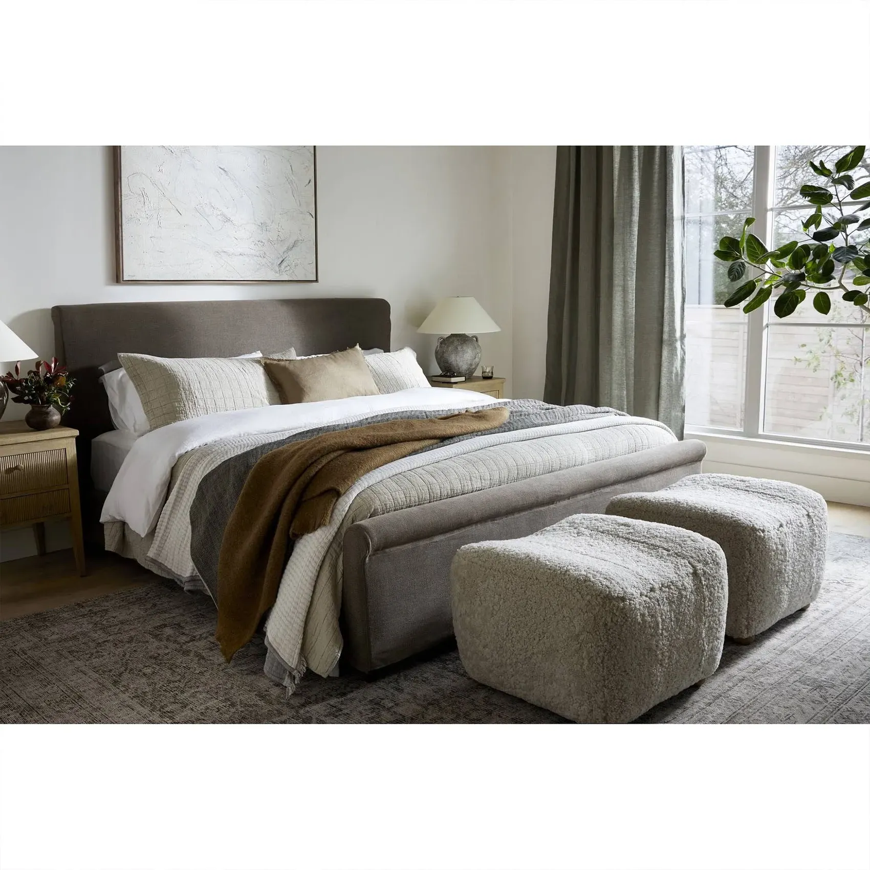 Oslo Shearling Ottoman - Beige, Oak