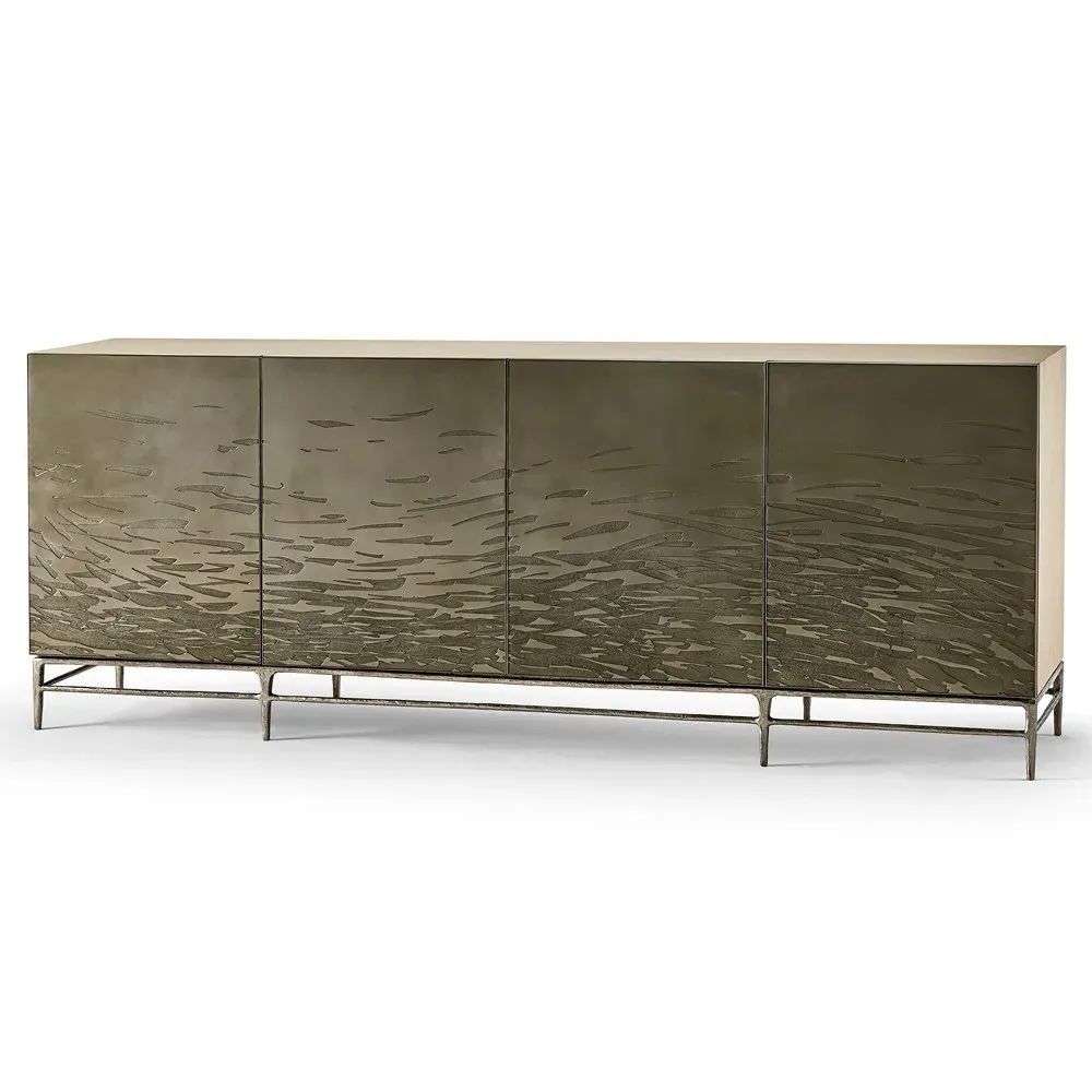 Otto Etched Water Steel Media Cabinet - Yellow-Gold, Oak