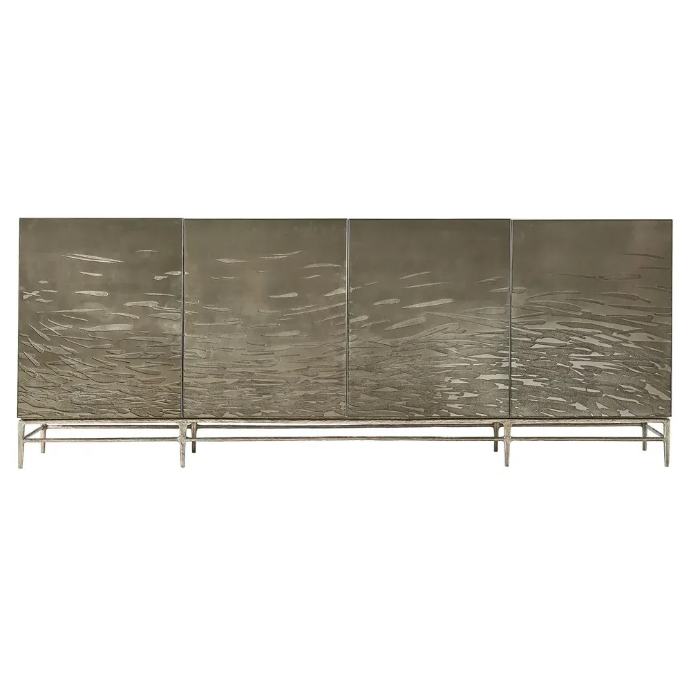 Otto Etched Water Steel Media Cabinet - Yellow-Gold, Oak