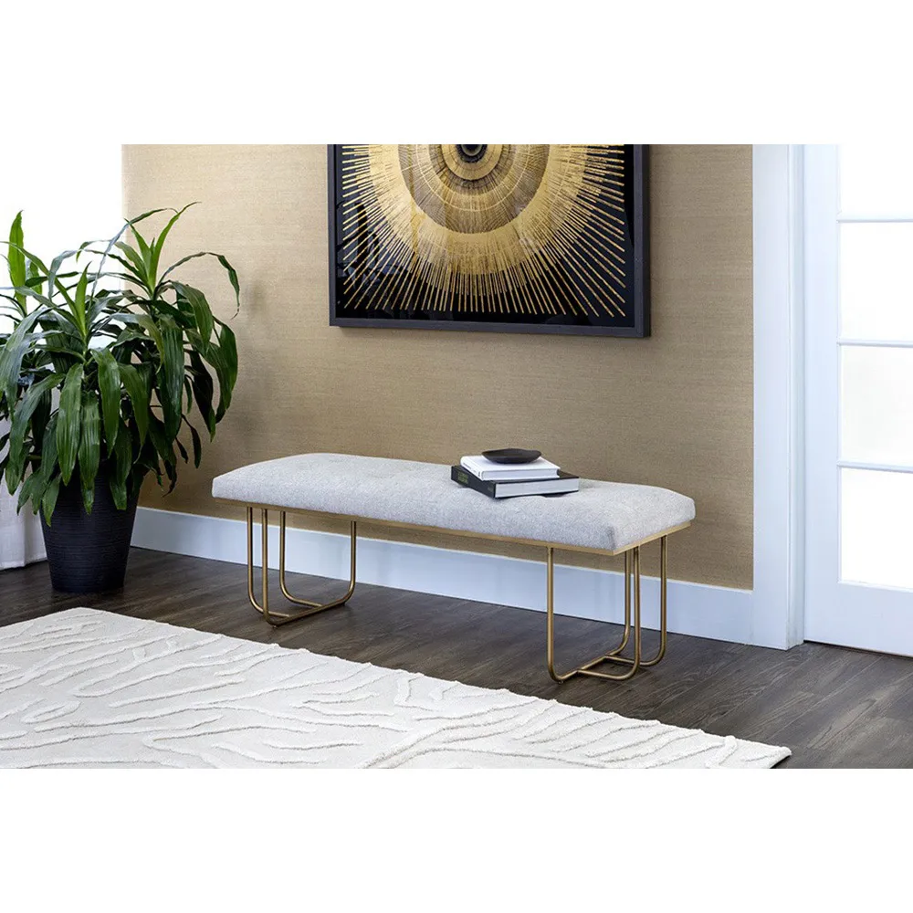 Pacela Tufted Iron Bench - Grey, Antique Brass