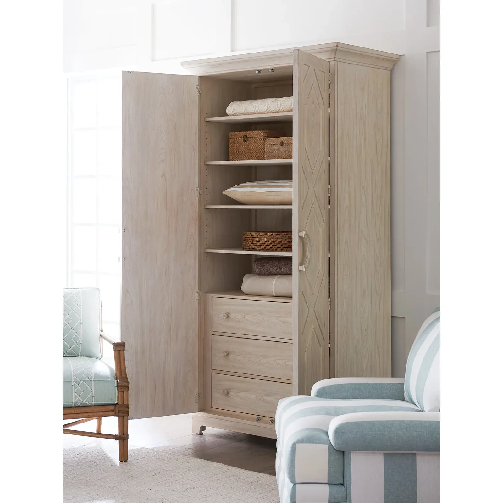 Pacific Coastal Geometric Pattern Door Wardrobe - White, Wood