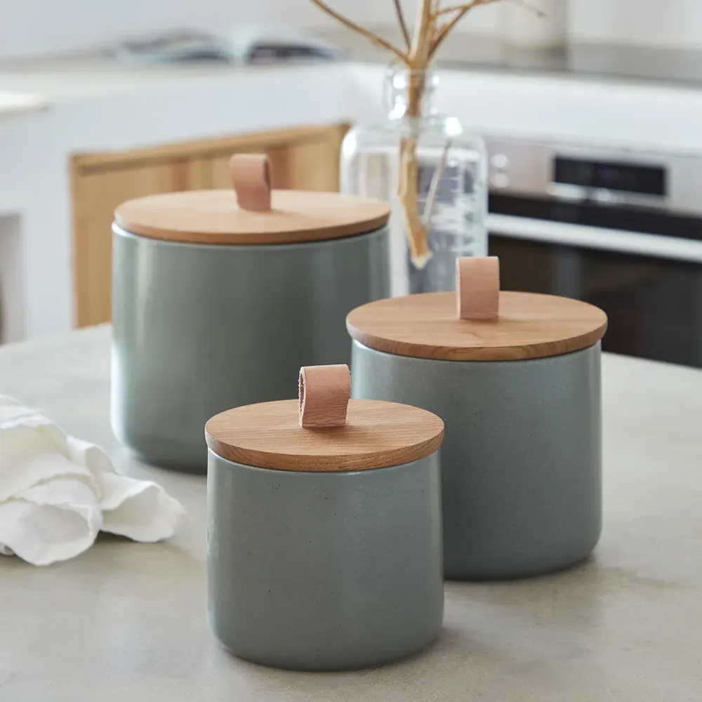 Pacifica 6" Canister with Oak Lid - Artichoke, Stoneware