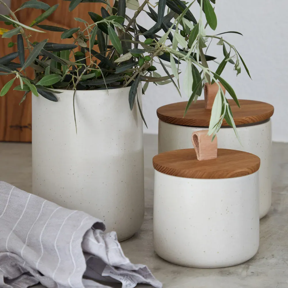 Pacifica 6" Canister with Oak Lid - Vanilla, Stoneware