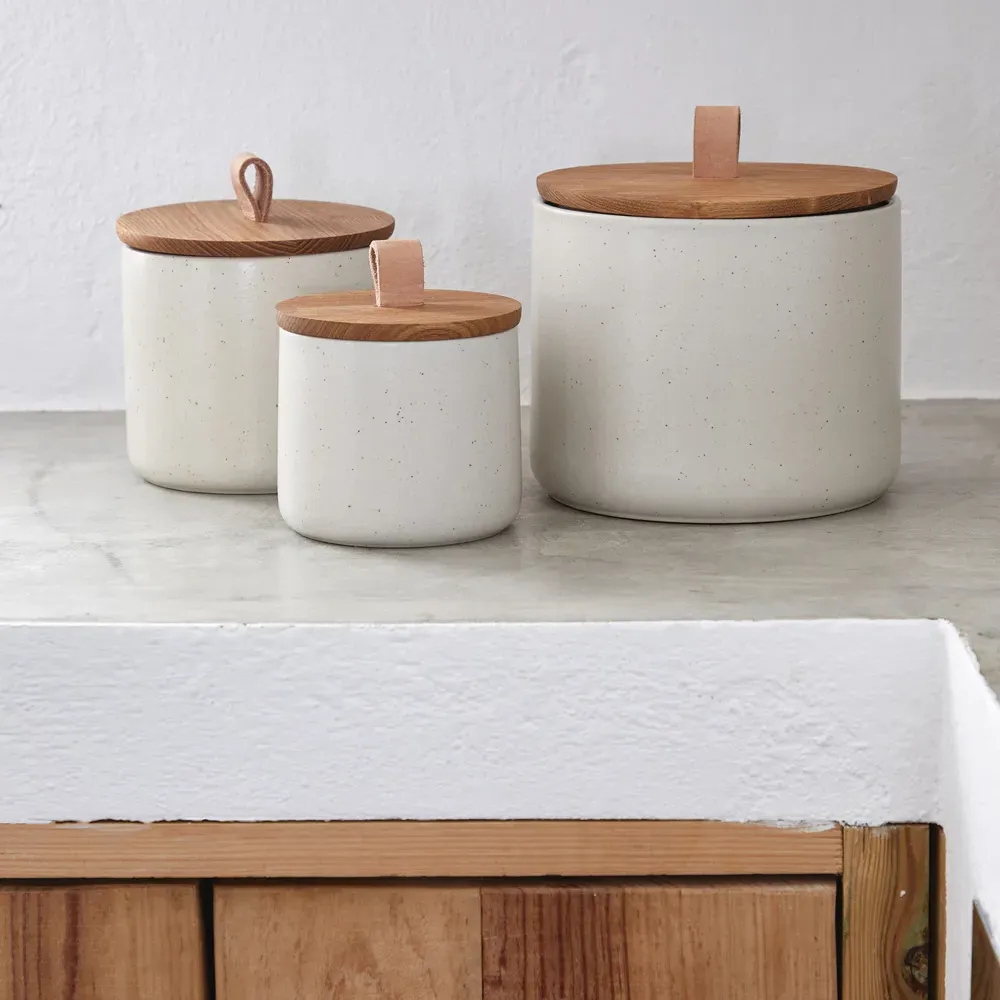 Pacifica 8" Canister with Oak Lid - Vanilla, Stoneware