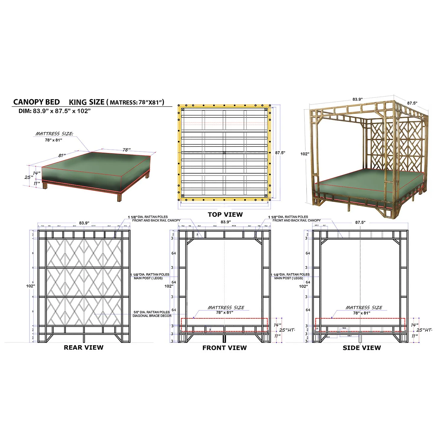 Palmer King Size Canopy Bed - Natural, Rattan
