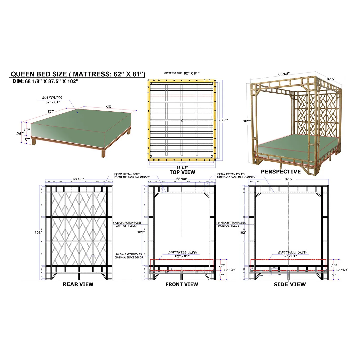 Palmer Queen Size Canopy Bed - Natural, Rattan