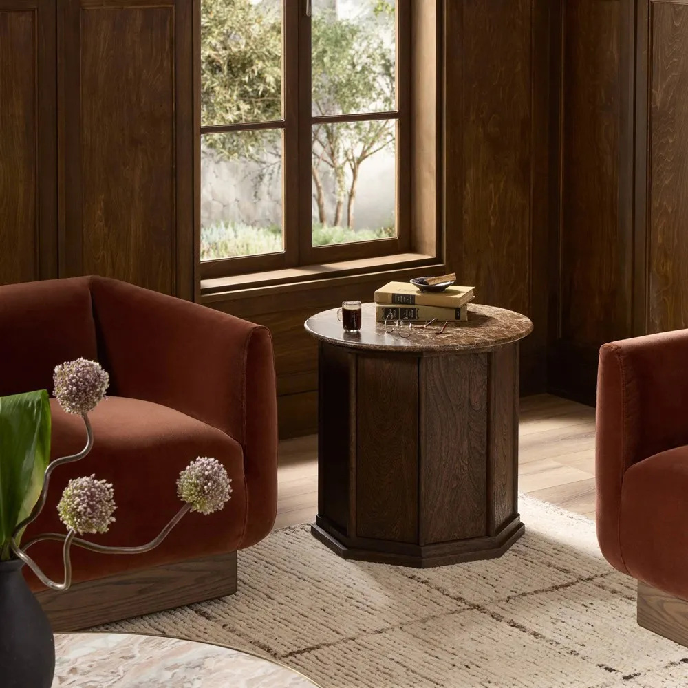 Pavlo Round Storage End Table - Brown, Marble