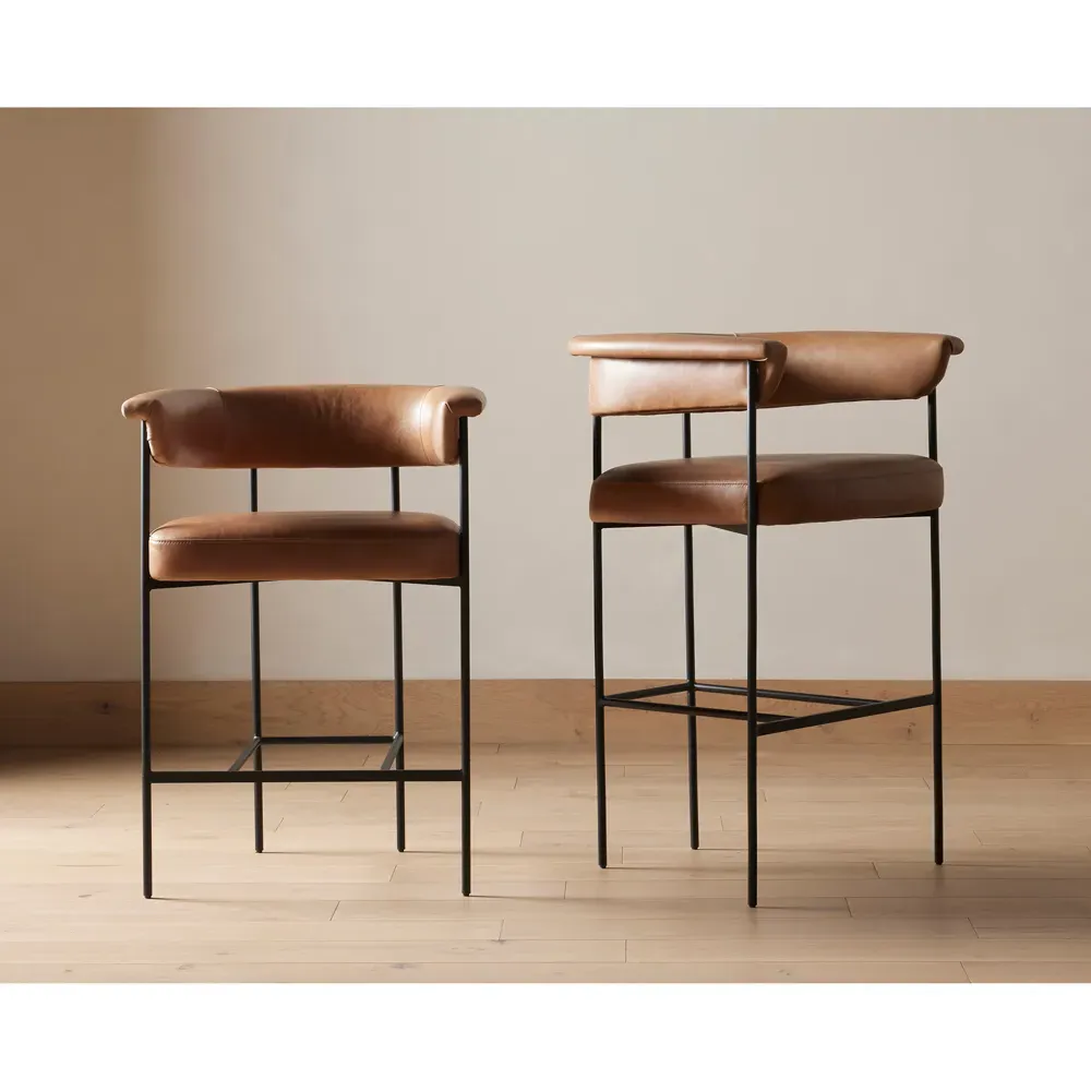 Penelope Barrel Bar Stool - Brown, Leather