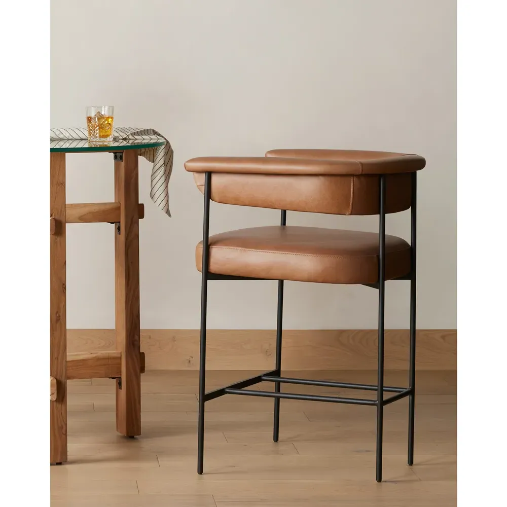 Penelope Barrel Counter Stool - Brown, Leather
