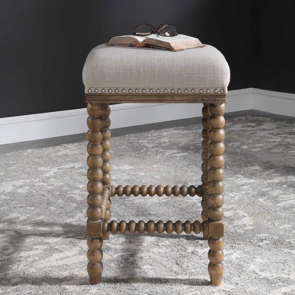 Peter Spindle Counter Stool - Beige, Rubber Wood