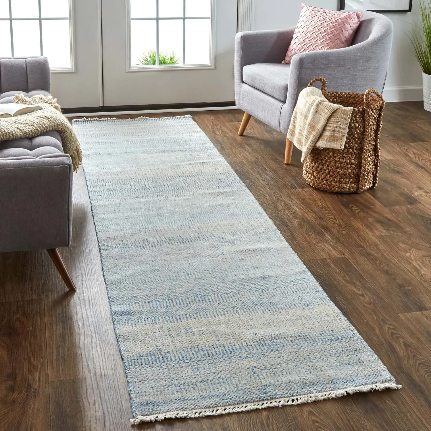 Phineas Striped Hand Knotted Rug - Blue, Wool