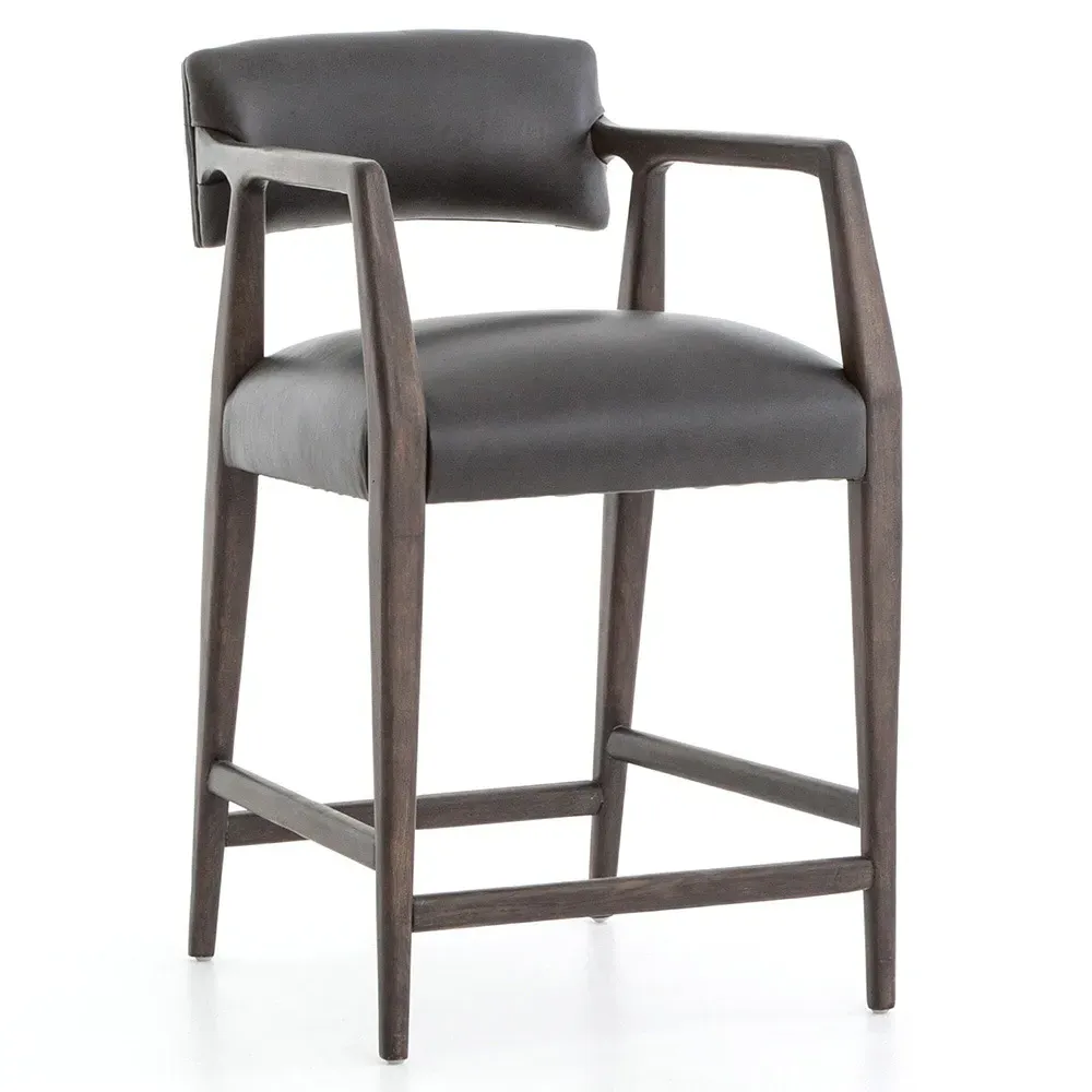 Pia Counter Stool with Arms - Black, Leather