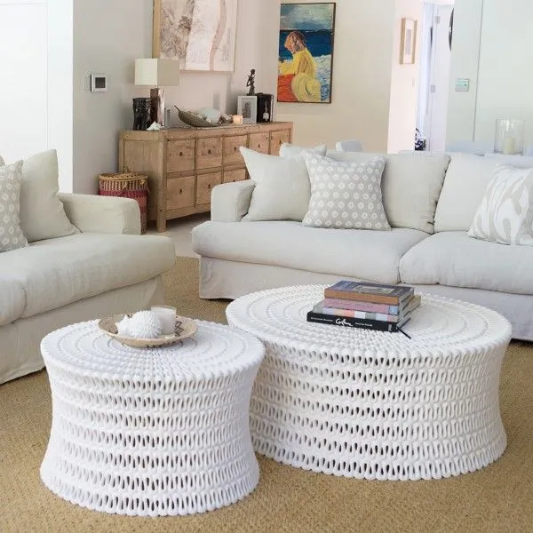 Pipa Ribboned Round Coffee Table - White, Resin