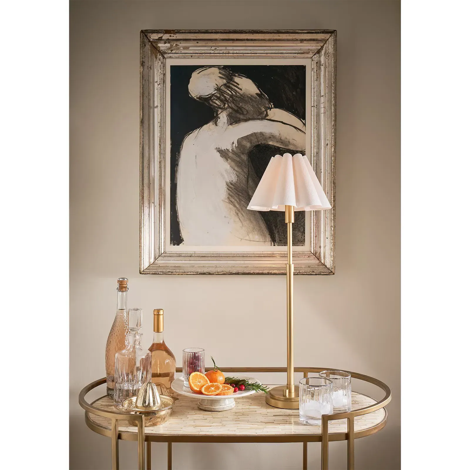 Polly French Scalloped Buffet Table Lamp - Natural Brass, Linen