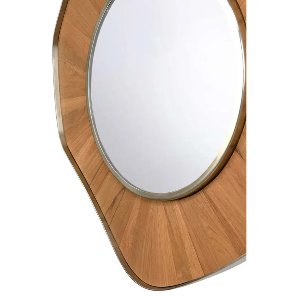 Portia Round Wall Mirror - Brown, Teak Wood