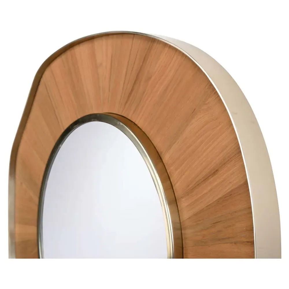 Portia Round Wall Mirror - Brown, Teak Wood
