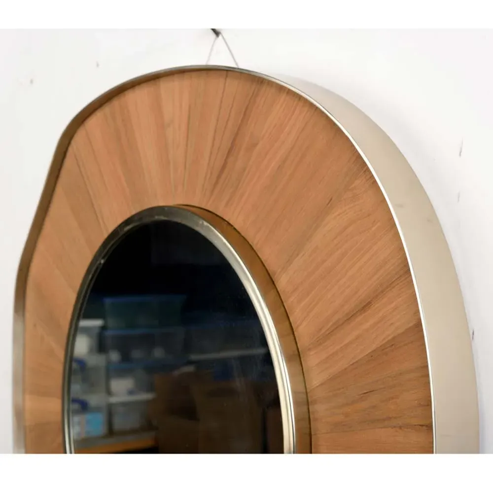 Portia Round Wall Mirror - Brown, Teak Wood