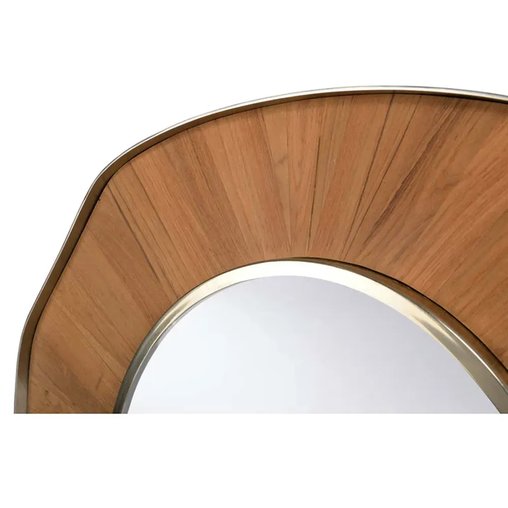 Portia Round Wall Mirror - Brown, Teak Wood