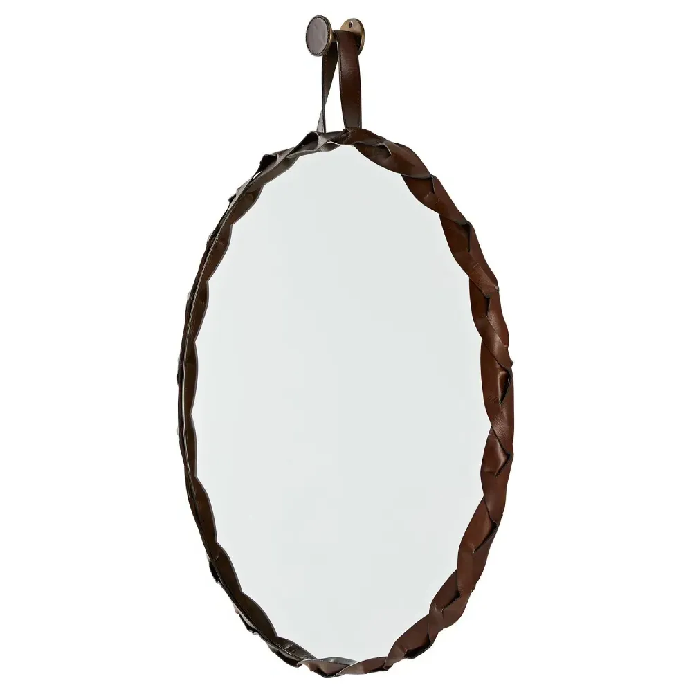 Powell Round Wall Mirror - Brown, Leather