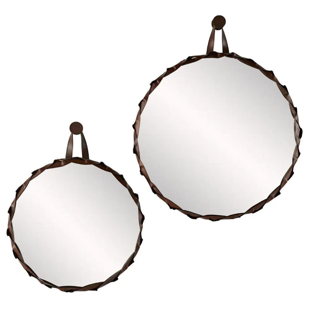 Powell Round Wall Mirror - Brown, Leather