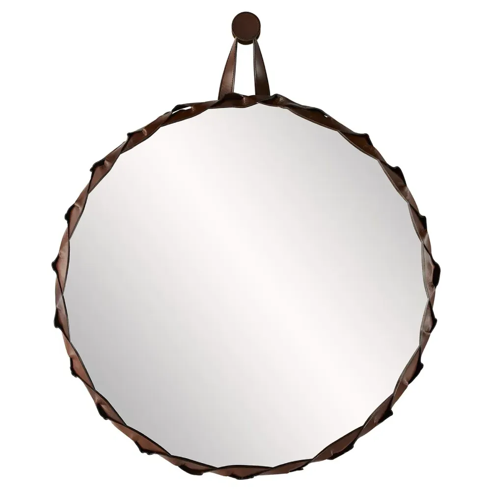 Powell Round Wall Mirror - Brown, Leather image