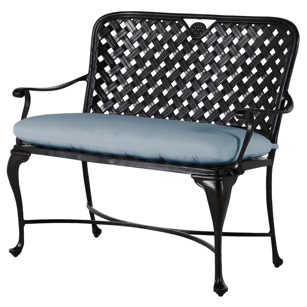 Provance Outdoor Bench with Cushion - Blue, Cast Aluminum