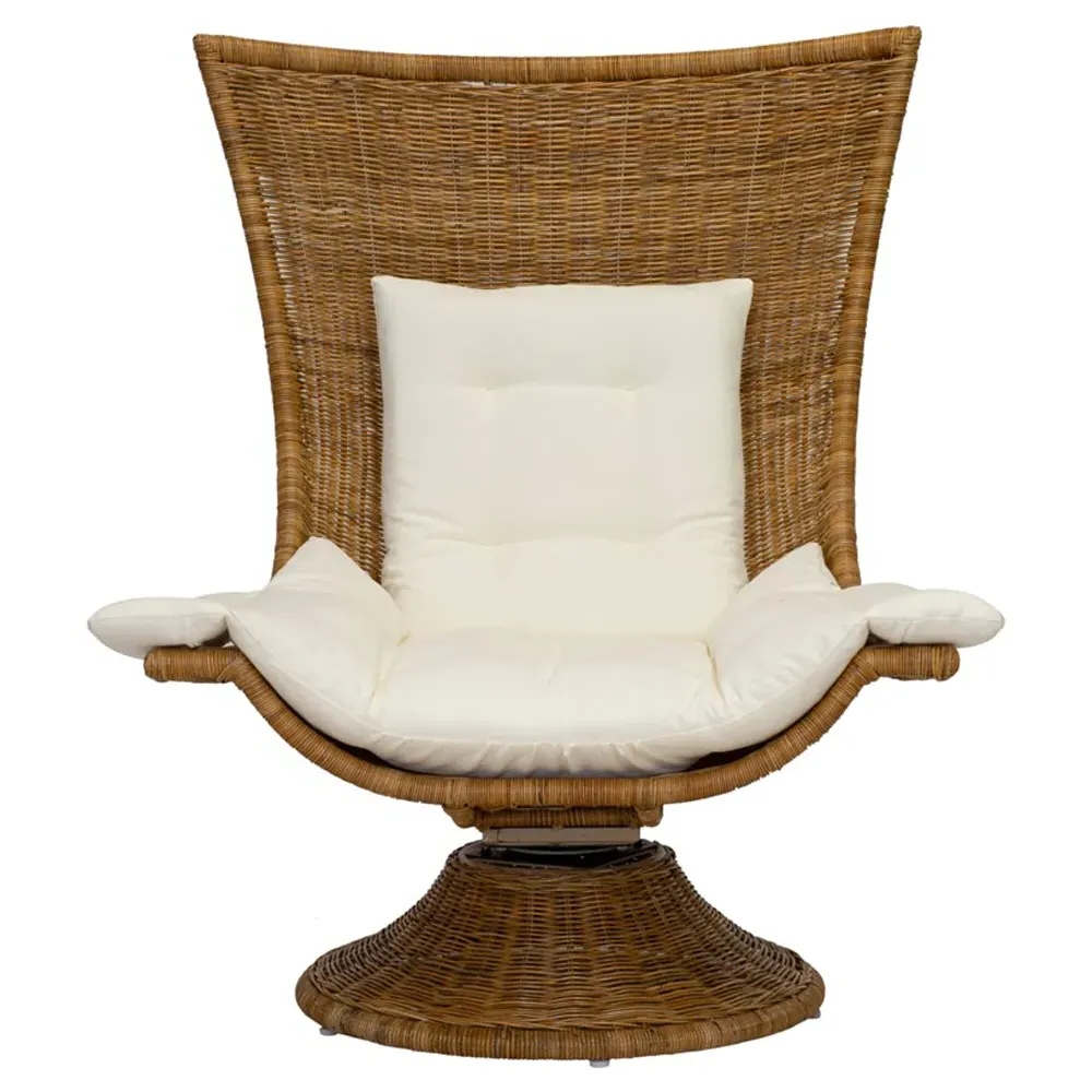 Quinn Rattan Swivel Chair with Cushion - White, Linen