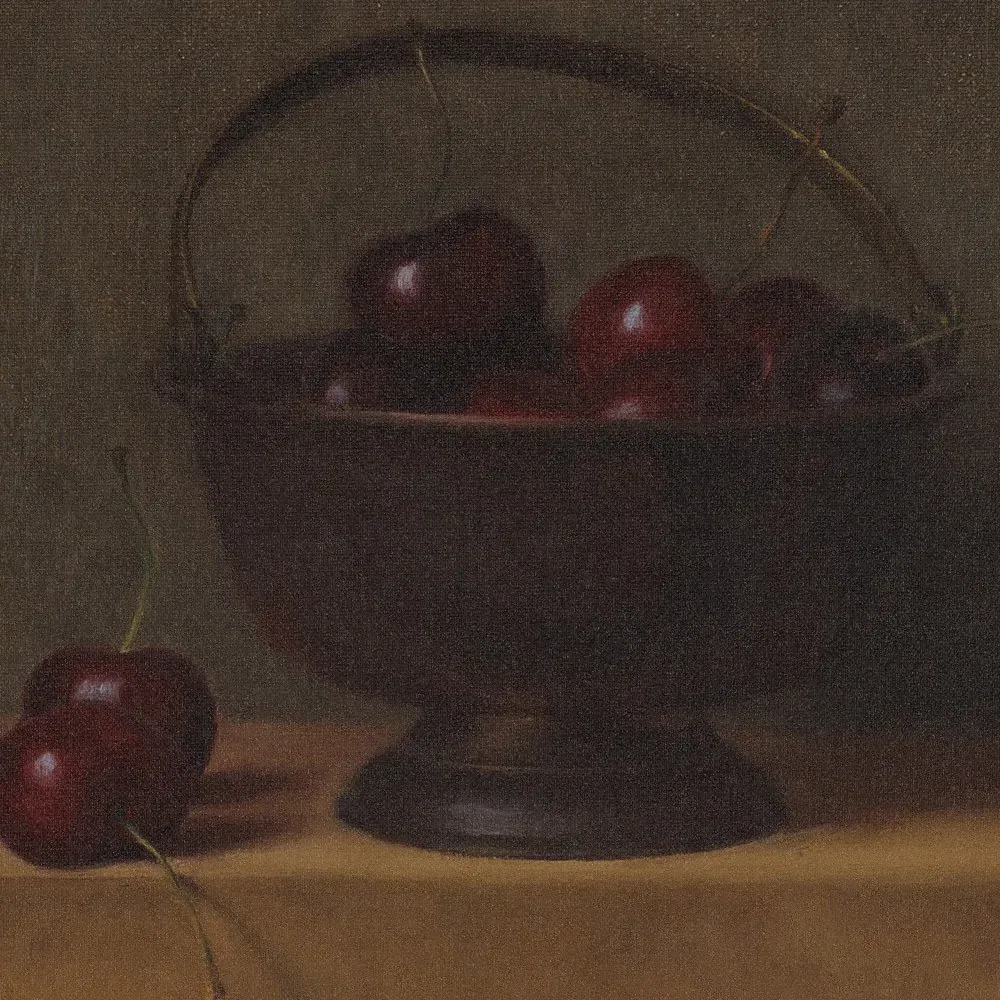 Red Cherries On Red Oak Painting - Brown, Walnut