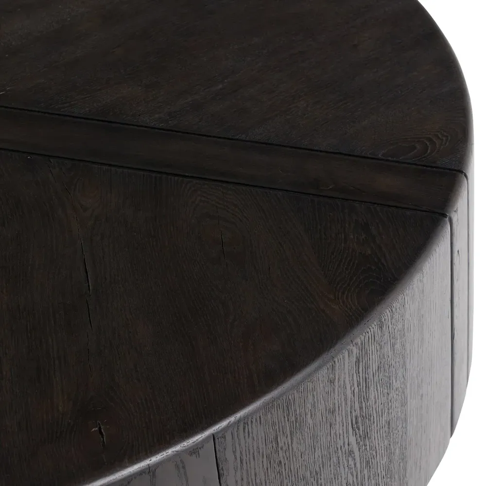 Reese Round Drum Coffee Table - Dark Brown, Reclaimed Oak