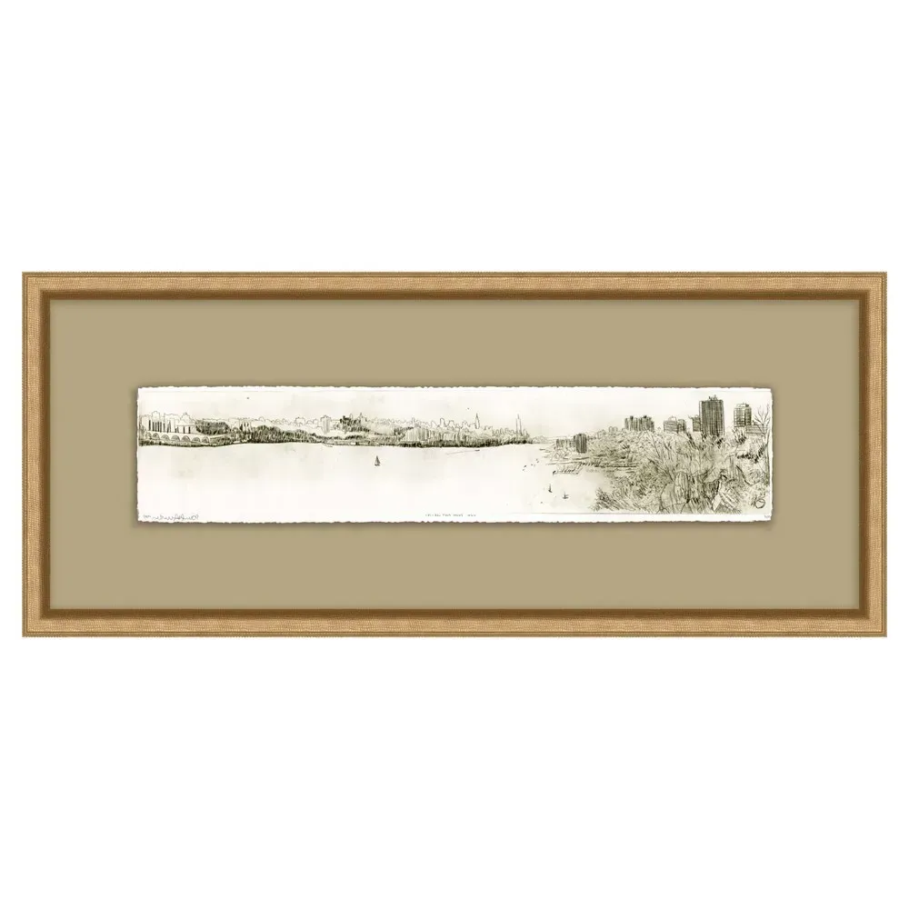 Renan Coastal Landscape Satin Gold Frame Illustration - Brown