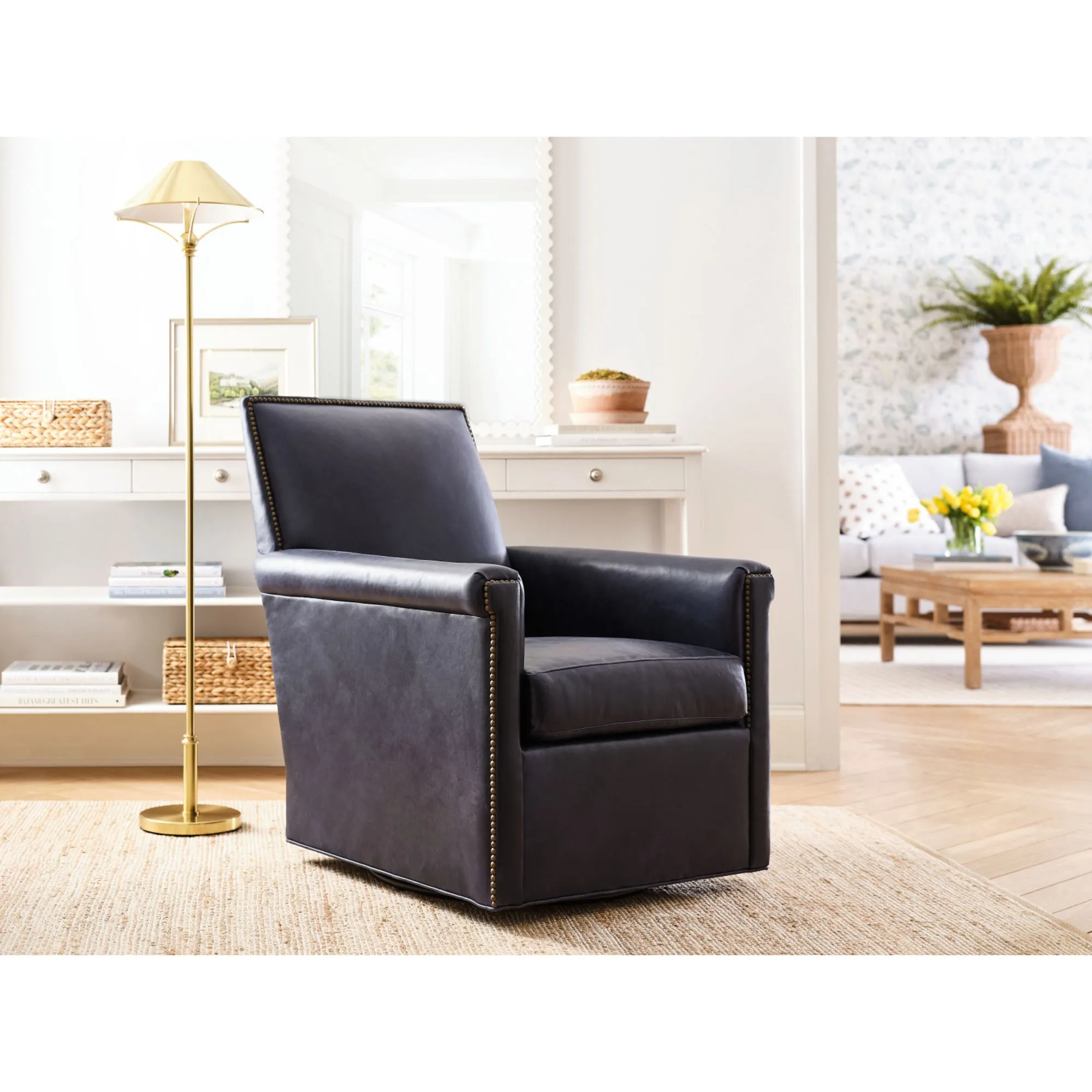 Rhett Swivel Chair - Navy Blue, Leather